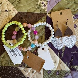 Colorful Beaded Bracelets and White Lace Earrings Set